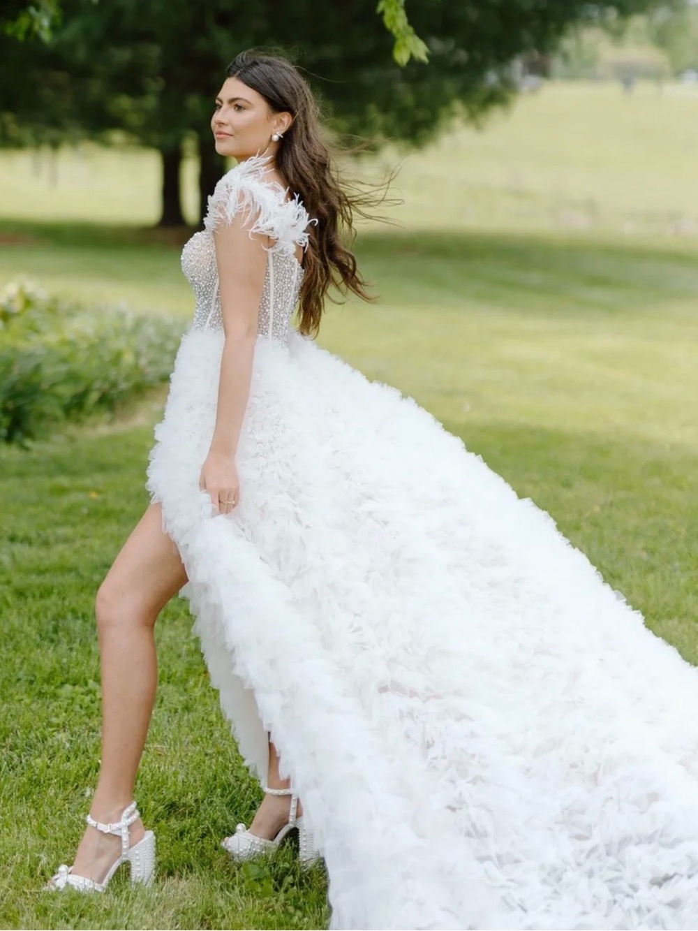 Sherri Hill White Feathered High-Low Prom Gown
